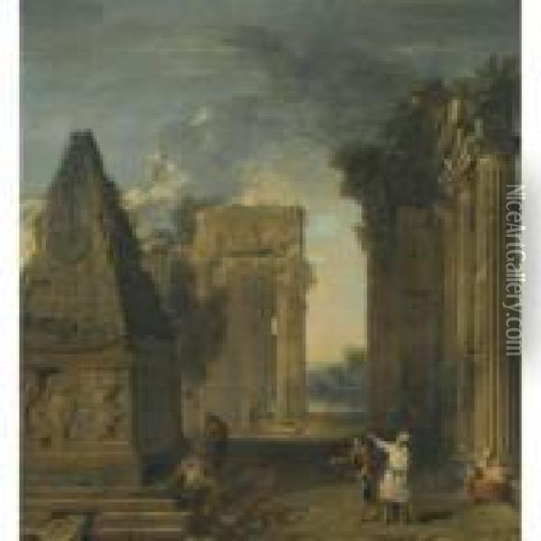 An Architectural Capriccio With Figures Beside Classical Ruins Oil Painting - Giovanni Niccolo Servandoni