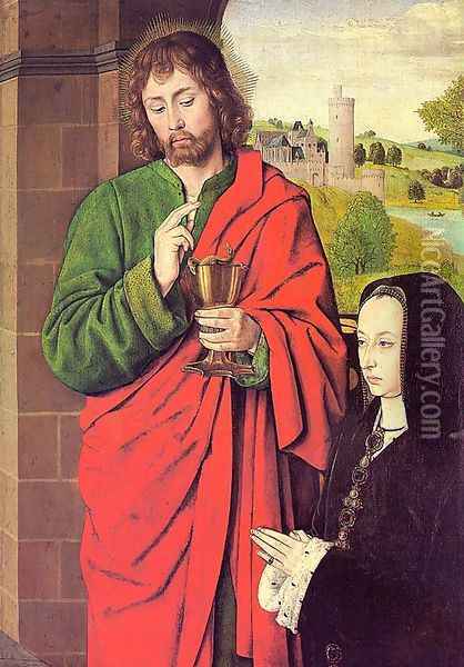 Anne of France- Duchess of Bourbon, Presented by St. John the Evangelist 1492-93 Oil Painting - Master of Moulins (Jean Hey)