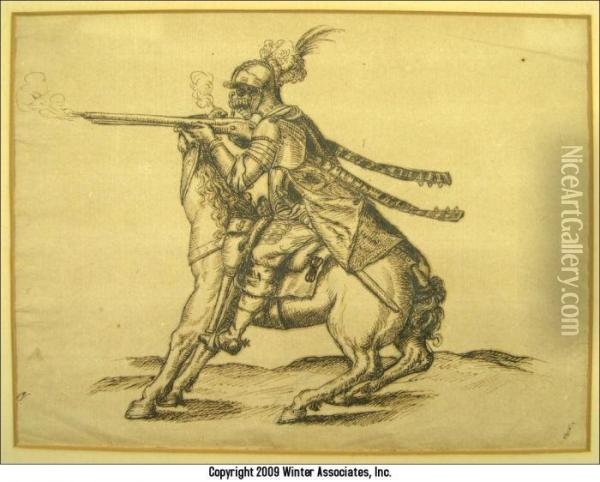 Cavalryman Facing Left On Horseback Shooting A Rifle Oil Painting - Stefano della Bella