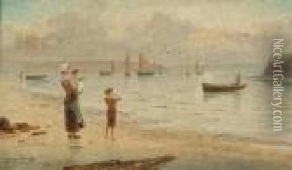 Figures On A Shoreline With Boats Beyond Oil Painting - Jozef Israels