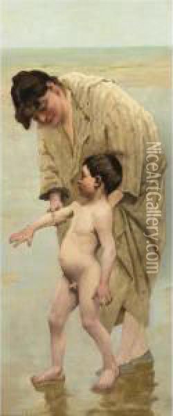Mother And Child Taking A Bath At The Seashore Oil Painting - Virginie Demont-Breton