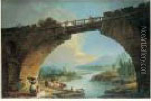 Lavandieres Sous Un Pont Dans Un Paysage Panoramique Oil Painting - Hubert Robert