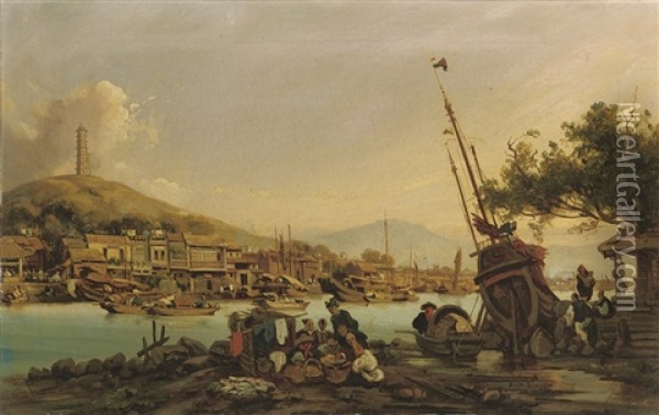 Harbour Scene In The Pearl River Delta Oil Painting - Auguste Borget