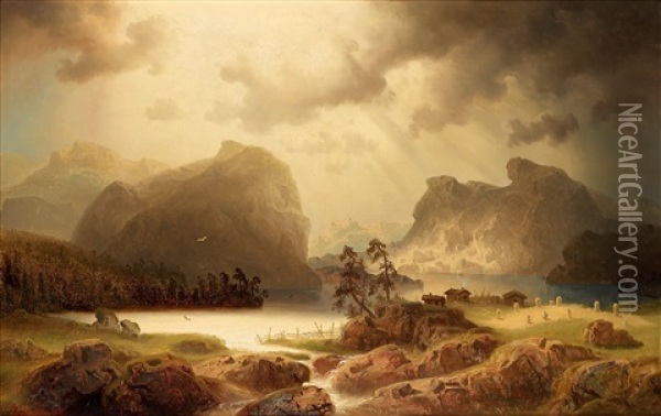 Norskt Fjordlandskap Oil Painting - Marcus Larsson
