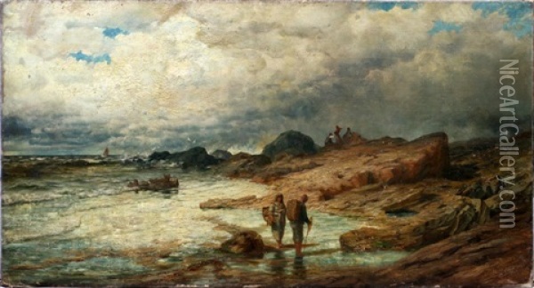 Clam Diggers Rocky Ocean Coast Oil Painting - Robert B. Hopkin