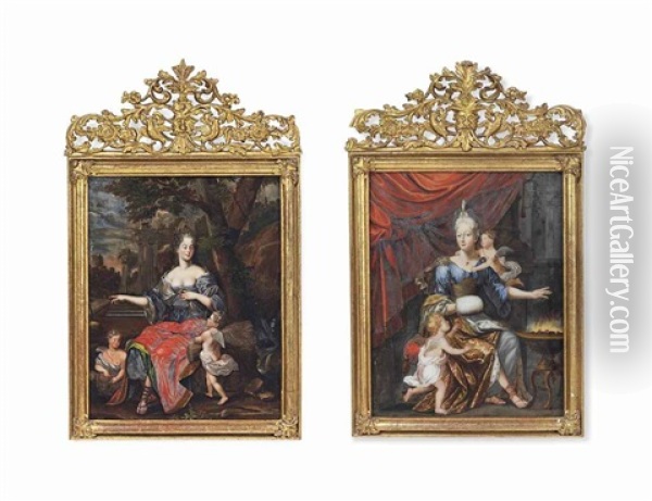 Portrait Of A Lady With Putti: Summer, Winter (pair) Oil Painting - Joan Petrus von Esch