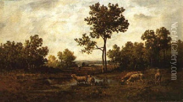 Shepherdess And Sheep By A Wooded Pond Oil Painting - Leon Richet