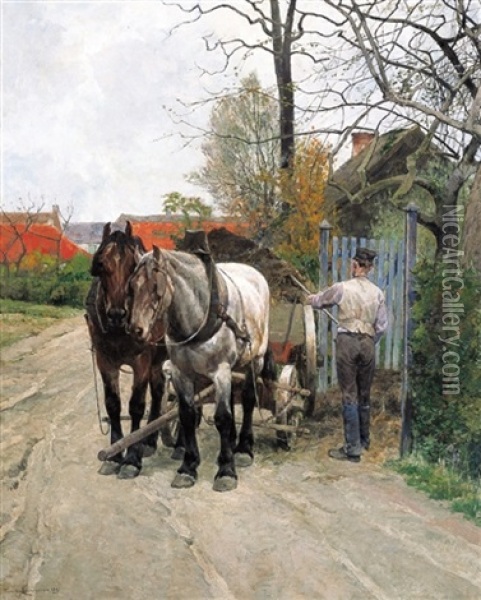 Boer Met Kar En Twee Paarden Oil Painting - Frans Van Leemputten