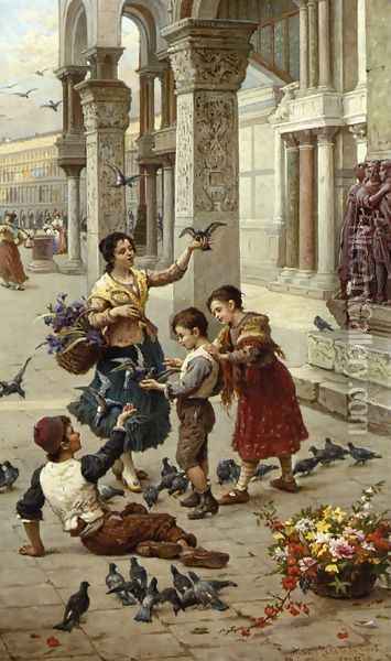 Feeding the Pigeons at Piazza St. Marco, Venice Oil Painting - Antonio Paoletti