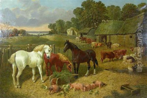Feeding Time In The Farm Yard Oil Painting - John Frederick Herring Snr