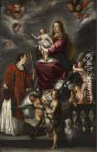 Madonna Col Bambino, San Giovannino, San Lorenzo E Angeli Oil Painting - Bernardo Strozzi