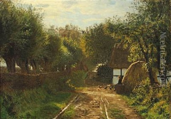 Farm Exterior With Young Girl Sitting In The Sun Watching The Hens Oil Painting - Johannes Herman Brandt