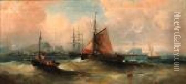 A Distant View Of Edinburgh From The Firth Of Forth; And Shippingoff Ailsa Craig Oil Painting - William A. Thornley Or Thornber