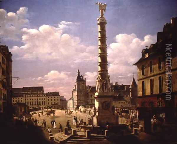 The Fountain in the Place du Chatelet, Paris, 1810 Oil Painting - Etienne Bouhot