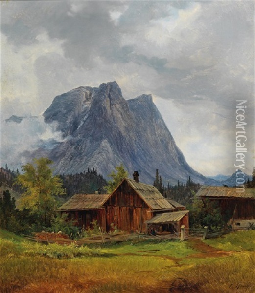 Farm Buildings, The Saarstein Near Aussee In The Background Oil Painting - Carl Hasch