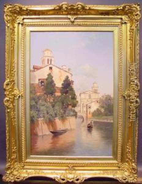 Gondolas On A Venetian Canal Oil Painting - Warren W. Sheppard