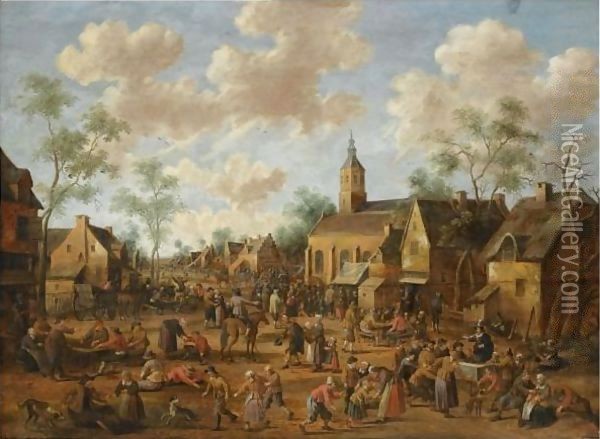 A Village Kermesse, With Numerous Figures Feasting And Conversing In The Street Oil Painting - Joost Cornelisz. Droochsloot