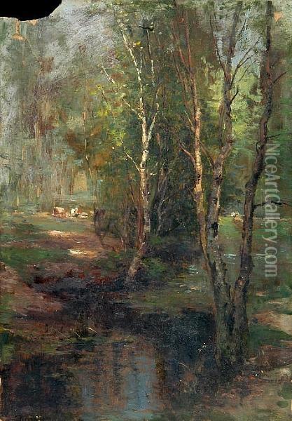 Cattle Grazing In A Forest Glade Oil Painting - Ernst Walbourn
