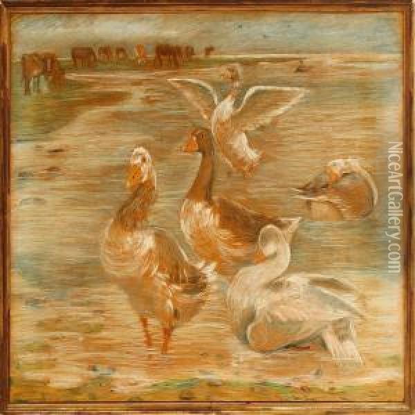 Geese And Cattle On Saltholm Island Oil Painting - Theodore Esbern Philipsen