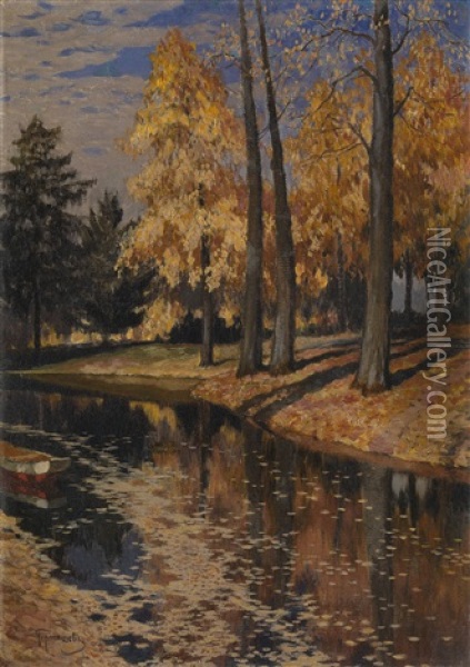 A Park Lake In Autumn Oil Painting - Mikhail Markianovich Germanshev