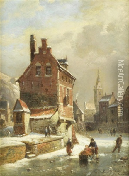 Street Scene With Horse And Cart; Figures Skating On A Frozen Canal (pair) Oil Painting - Jean (Jan) Michael Ruyten