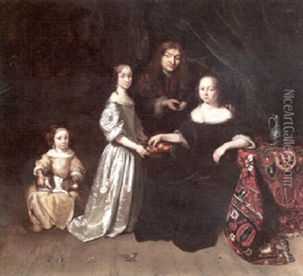 A Portrait Of A Couple And Their Two Daughters In An Interior Oil Painting - David van der Plas