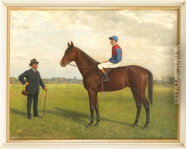 Jockey Auf Seinem Pferd, Vor Ihnen Der Eigentumer Oil Painting - Robert Beielstein