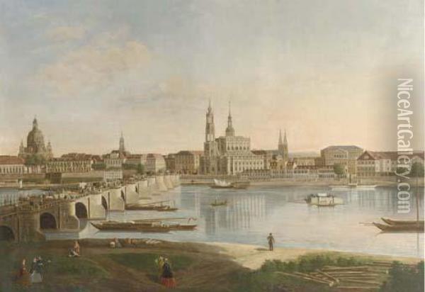 Dresden From The Right Bank Of The Elbe Below The Augustbridge Oil Painting - Karl Gottfried Traugott Faber