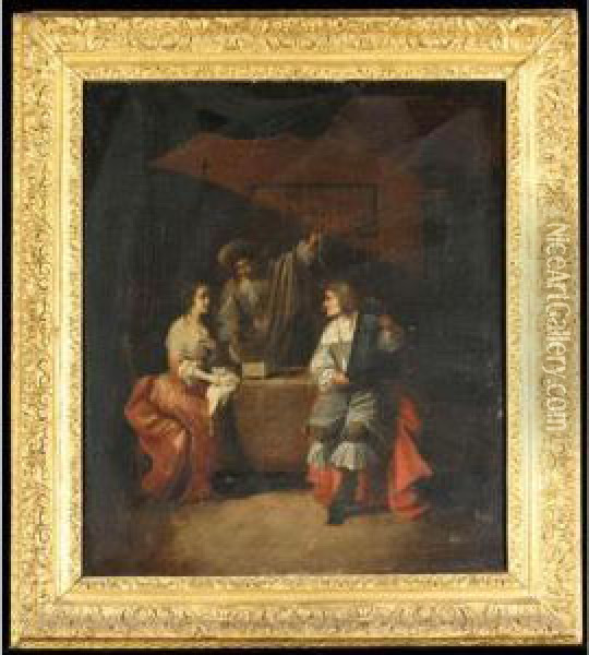 A Lady And Two Gentleman In An Interior, Examining Jewellery Oil Painting - Jacob Ochtervelt