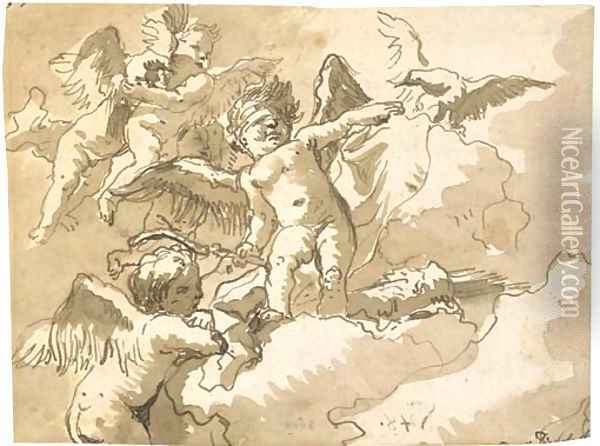 A blindfolded putto standing on a cloud with other putti and an eagle Oil Painting - Giovanni Domenico Tiepolo