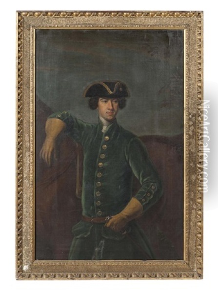 Half-length Portrait Of A Young Man In A Blue Frock Coat, Standing Before His Horse Oil Painting - John Wootton