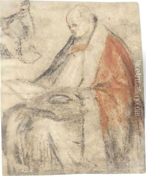 A Seated Bishop Reading From A Book On His Lap, And A Small Study Of The Same Figure, Wearing A Cap Oil Painting - Jacopo Bassano (Jacopo da Ponte)