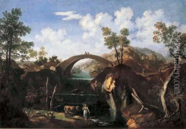 Paesaggio Fluviale Con Ponte, Viandanti, Pastorella E Armenti Oil Painting - Jan Gabrielsz. Sonje