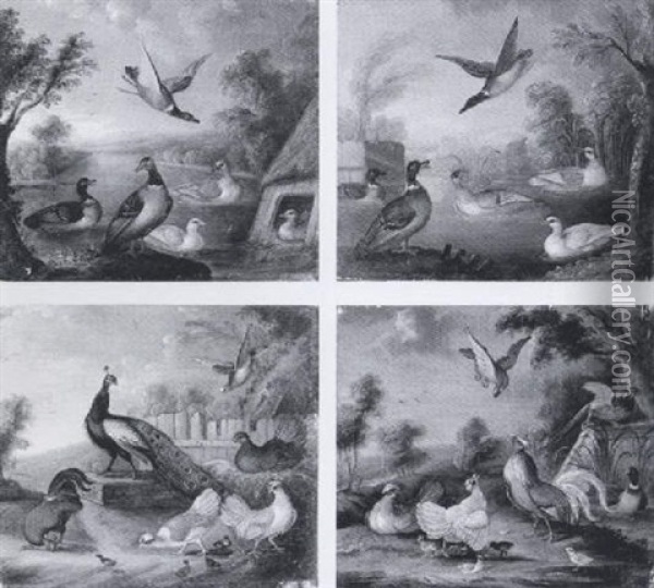 Peacocks, Ducks And Other Fowl In Ornamental Garden Landscapes Oil Painting - Marmaduke Cradock