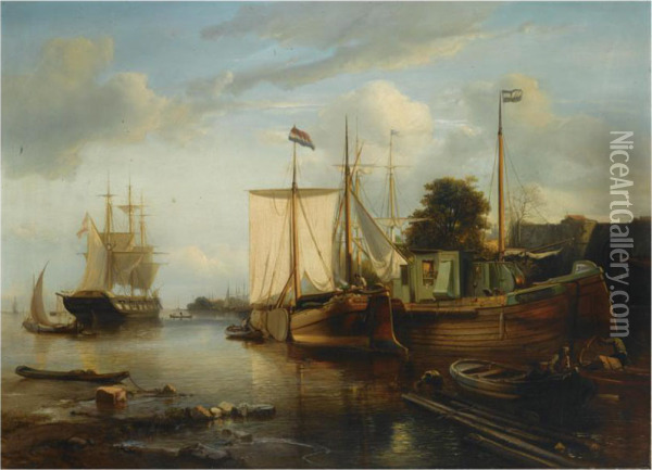 Moored Ships In A Calm Oil Painting - Jacobus Albertus Michael Jacobs