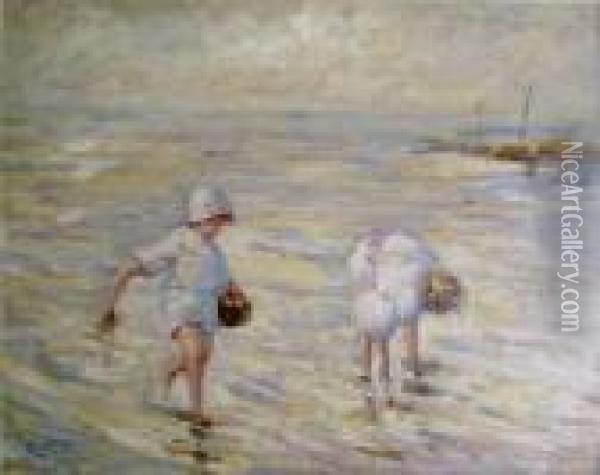 Rsa , 'children On A Beach' Oil Painting - William McTaggart