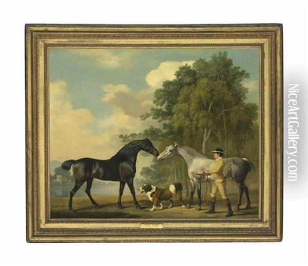 Two Hunters With A Young Groom And A Dog By A Lake Oil Painting - George Stubbs