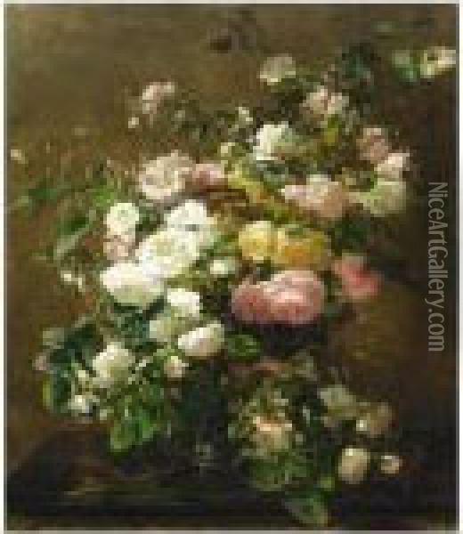 Roses In A Stoneware Vase Oil Painting - Geraldine Jacoba Van De Sande Bakhuyzen