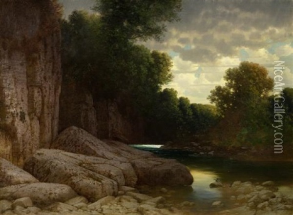 Flusslandschaft Mit Felsen Im Vordergrund Oil Painting - Traugott Hermann Ruedisuehli