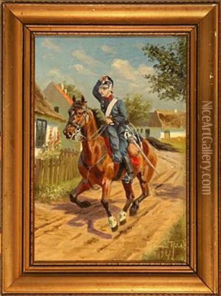 En Dragon Fra 1880 Rider Igennem En Sjaellandsk Landsby Oil Painting - Karl Frederik Christian Hansen-Reistrup