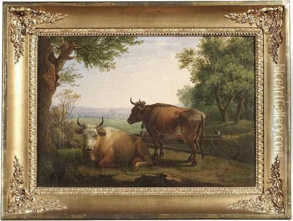 Two Cows In Front Of A Wide Landscape Oil Painting - Carle Vernet
