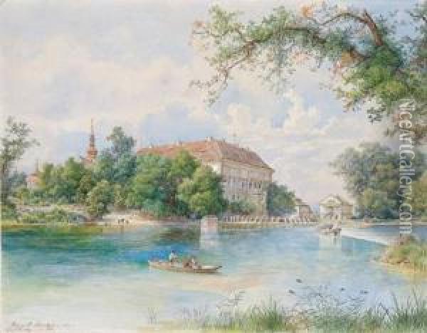 A Castle At The Elbe River Oil Painting - Heinrich Carl Schubert