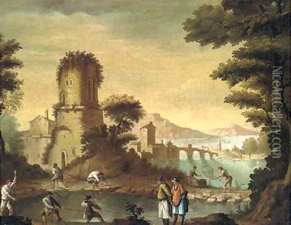 An Italianate landscape with fishermen before a town Oil Painting - Carlo Bonavia