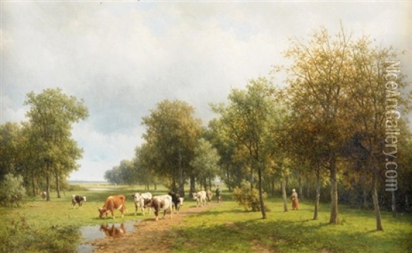 Weidende Kuhe In Landschaft Mit Bauernpaar Oil Painting - Willem Vester