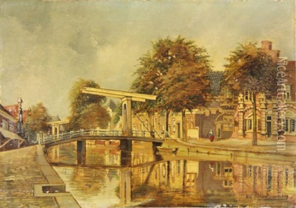 Town View With A Drawbridge Over A Canal Oil Painting - Johannes Christiaan Karel Klinkenberg