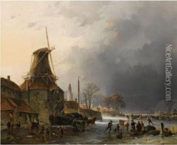 A Winter Landscape With Many Figures And Horse Sledges On The Ice By A Windmill Oil Painting - Gerardus Johannes Verburgh