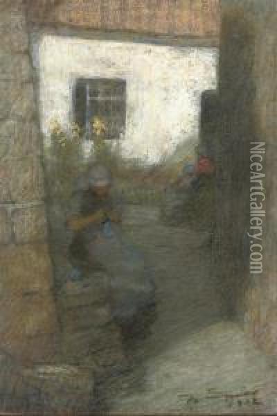 Young Women Knitting In The Shade; And By The Cottage Oil Painting - Mark Senior