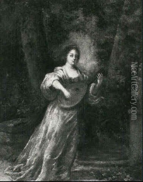 A Portrait Of A Lady Standing, Full Length, Playing A Lute  In A Garden Beside A Statue Of Cupid Oil Painting - Reinier De La Haye