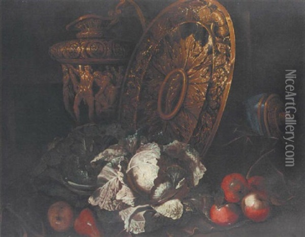 Cabbages, Apples And Pears By A Silver-gilt Platter And A Sculpted Ewer Oil Painting - Bartolommeo Bimbi