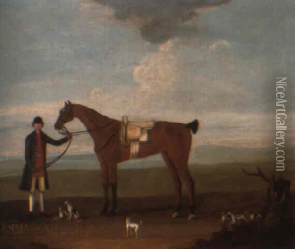 A Hunter Belonging To Ralph Carr, Held By A Groom Oil Painting - Thomas Butler